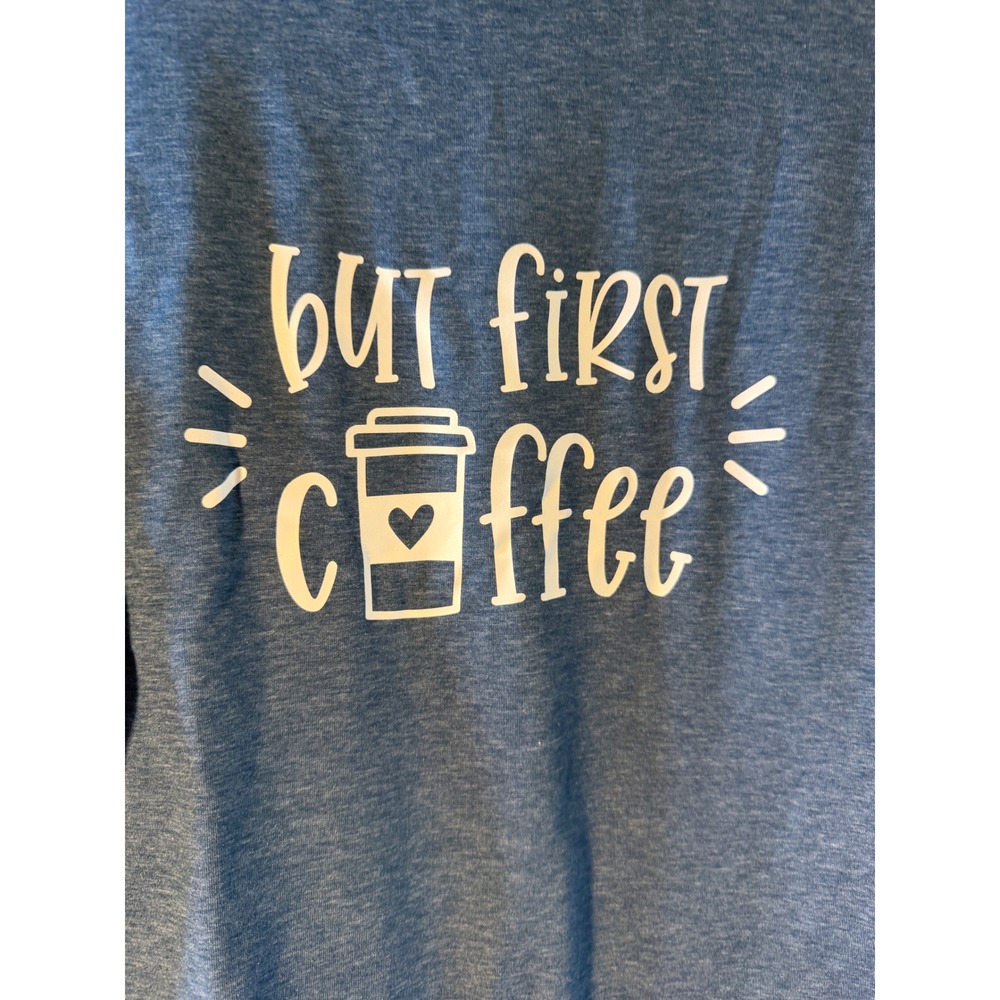 But First Coffee Graphic Sweatshirt Womens Medium Blue Heather Crewneck Pullover - Picture 2 of 7